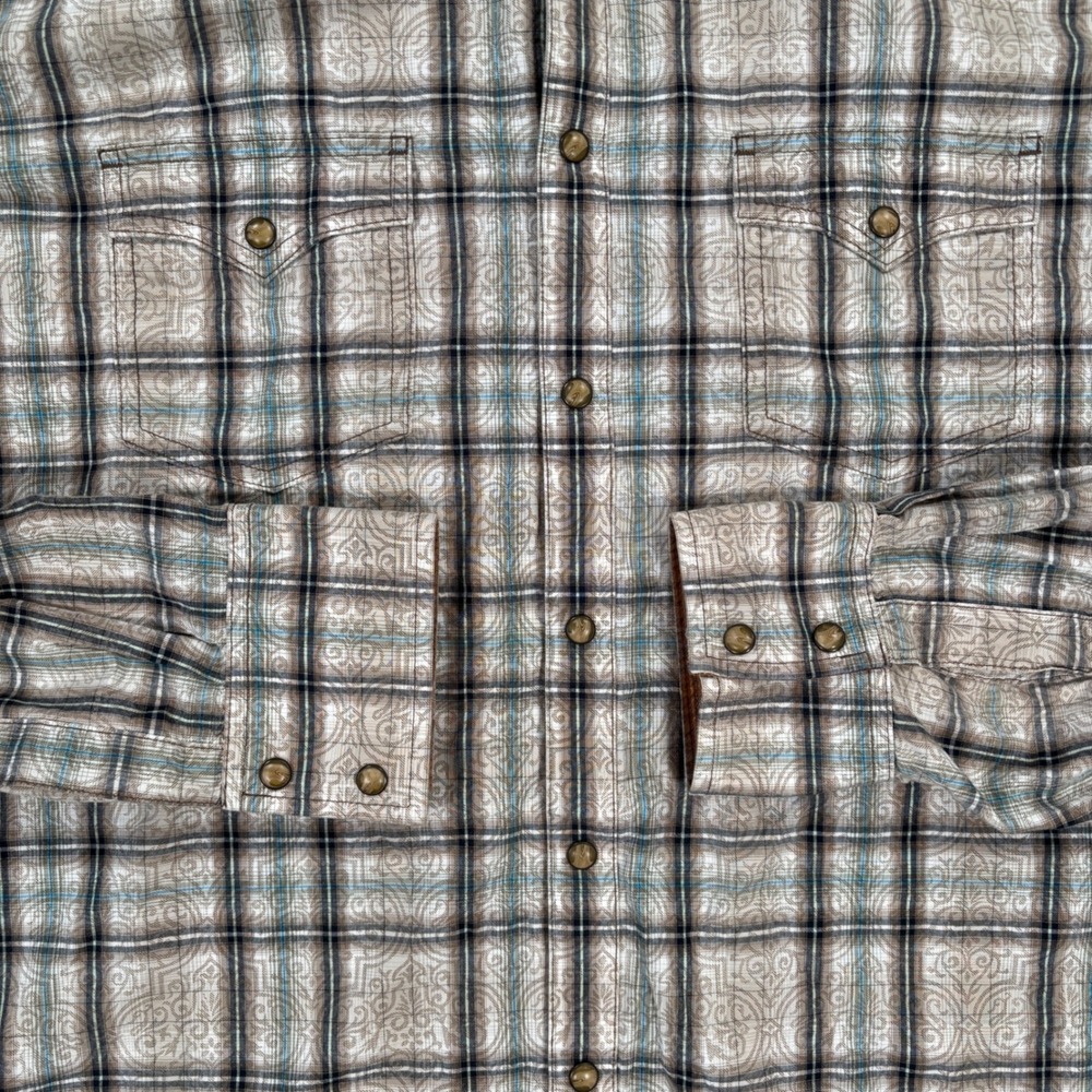 Wrangler Retro Mens XL Tan Brown Plaid Paisley Pearl Snap Western Shirt MVR169M - Picture 5 of 10